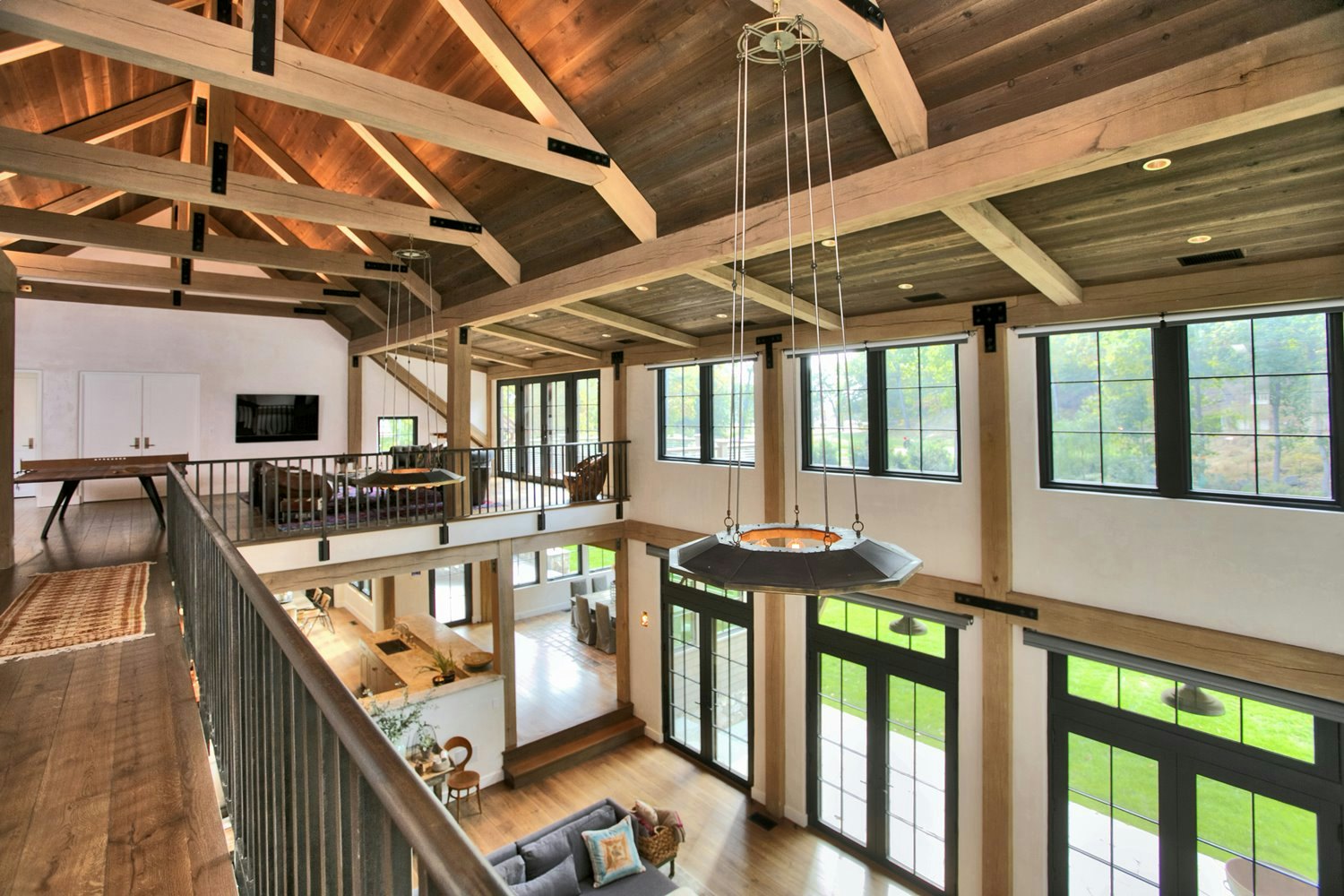 Post and Beam Living Room with Balcony